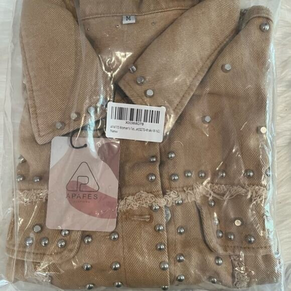NEW APA Denim Studded Boyfriend Frayed Trucker Oversized Utility Jacket Khaki … - Picture 11 of 11